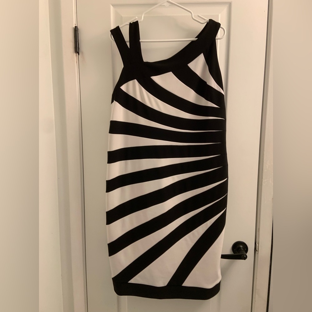Joseph Ribkoff Black and White One-Shoulder Graphic Bodycon Dress
